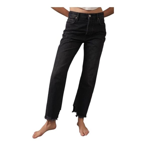 We the Free Tapered Baggy Women Black Jeans Sz 25 x27 Raw Hem High-Rise Denim - Picture 1 of 16